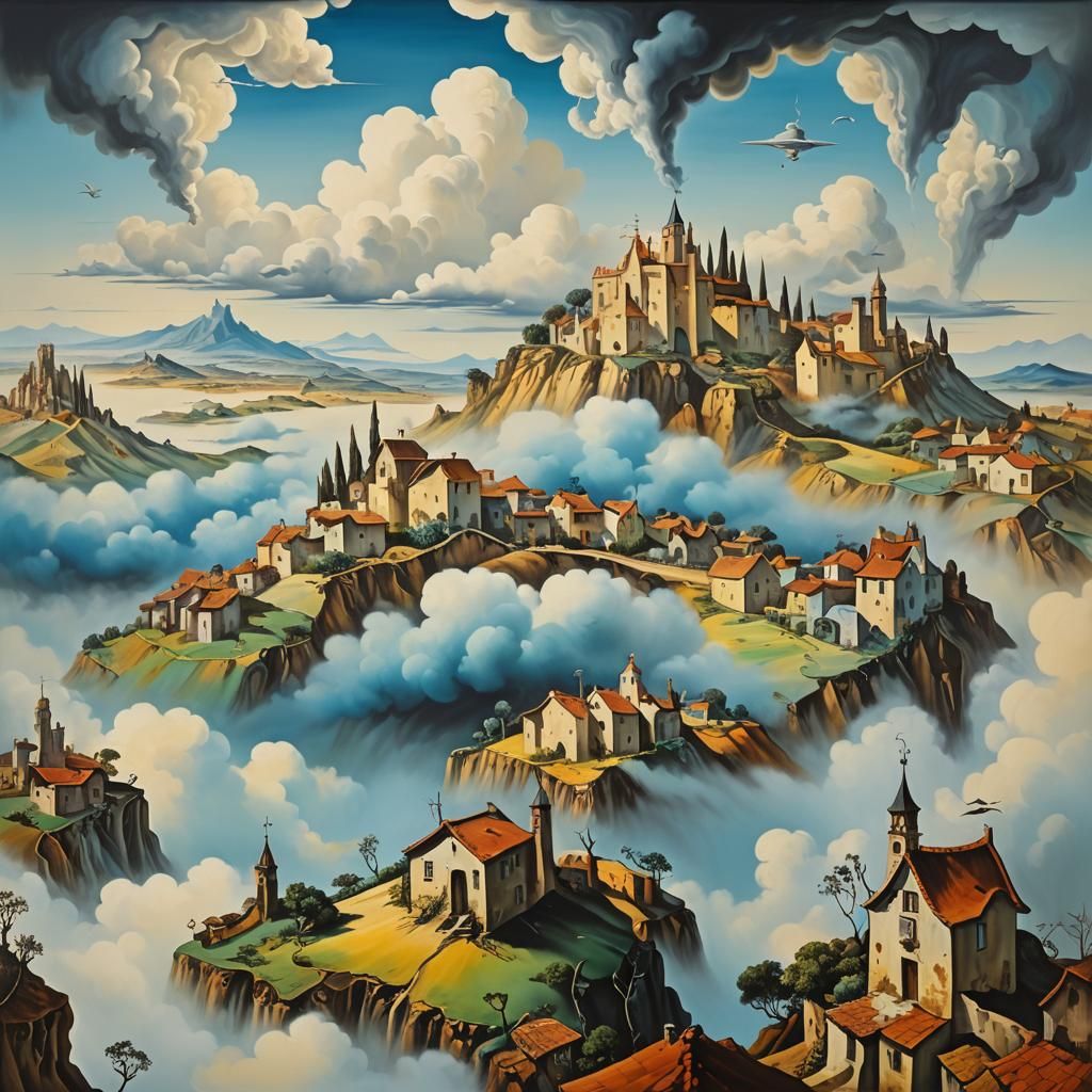 Surreal Village in Clouds, a Dali-esque Oil Painting
