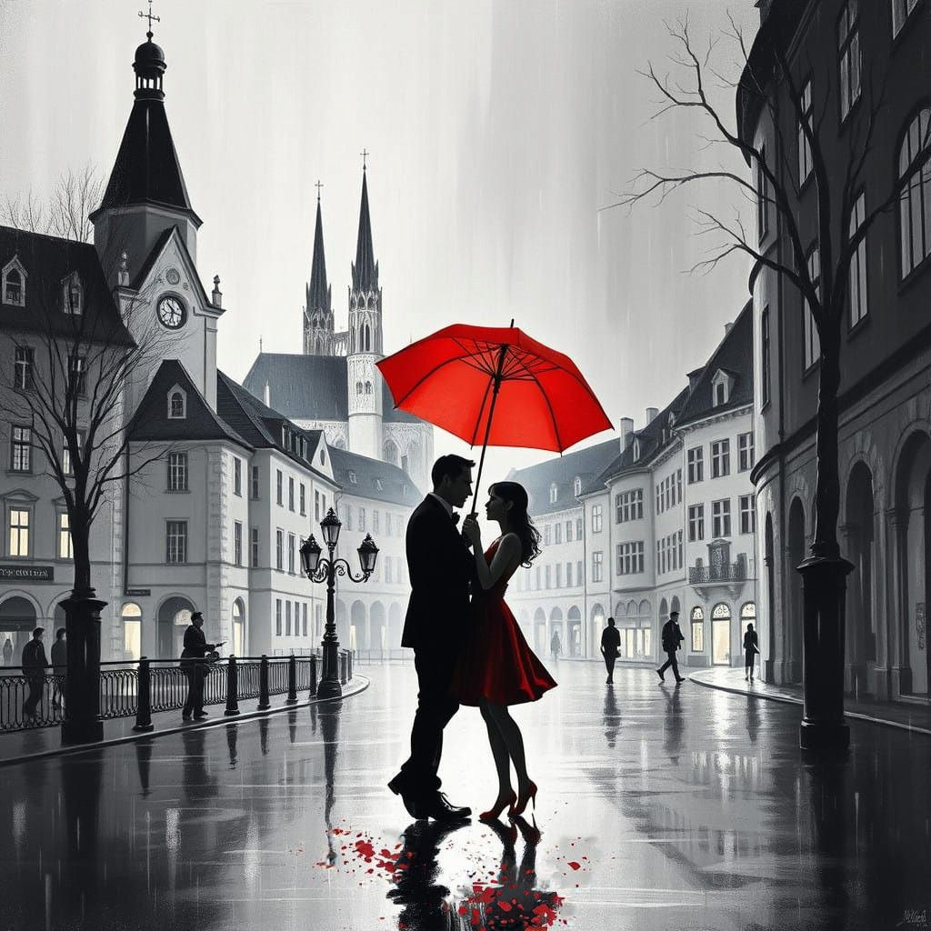 Elegant Couple Under Red Umbrella in Estonia Cityscape