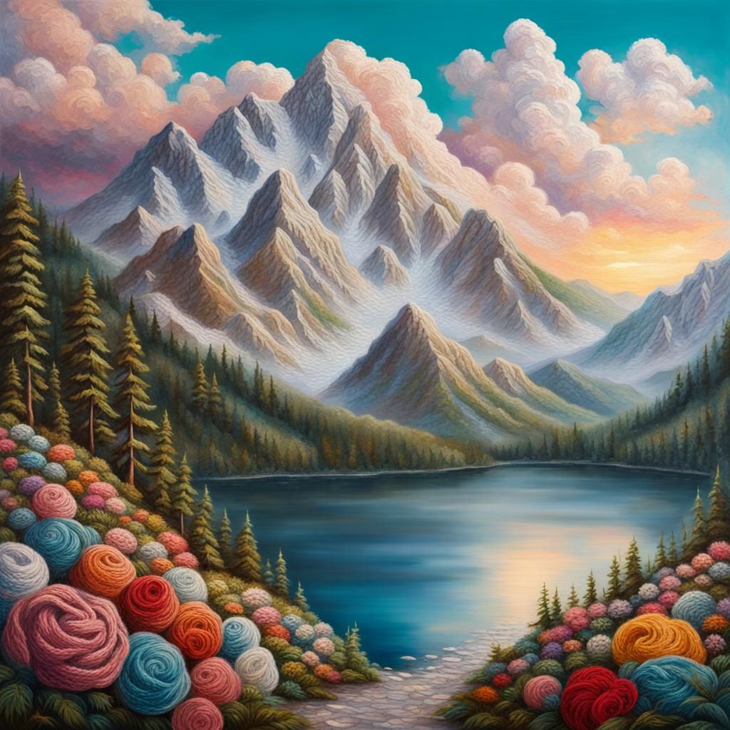 Hyperrealistic Crochet Yarn Mountain Landscape Splash Art