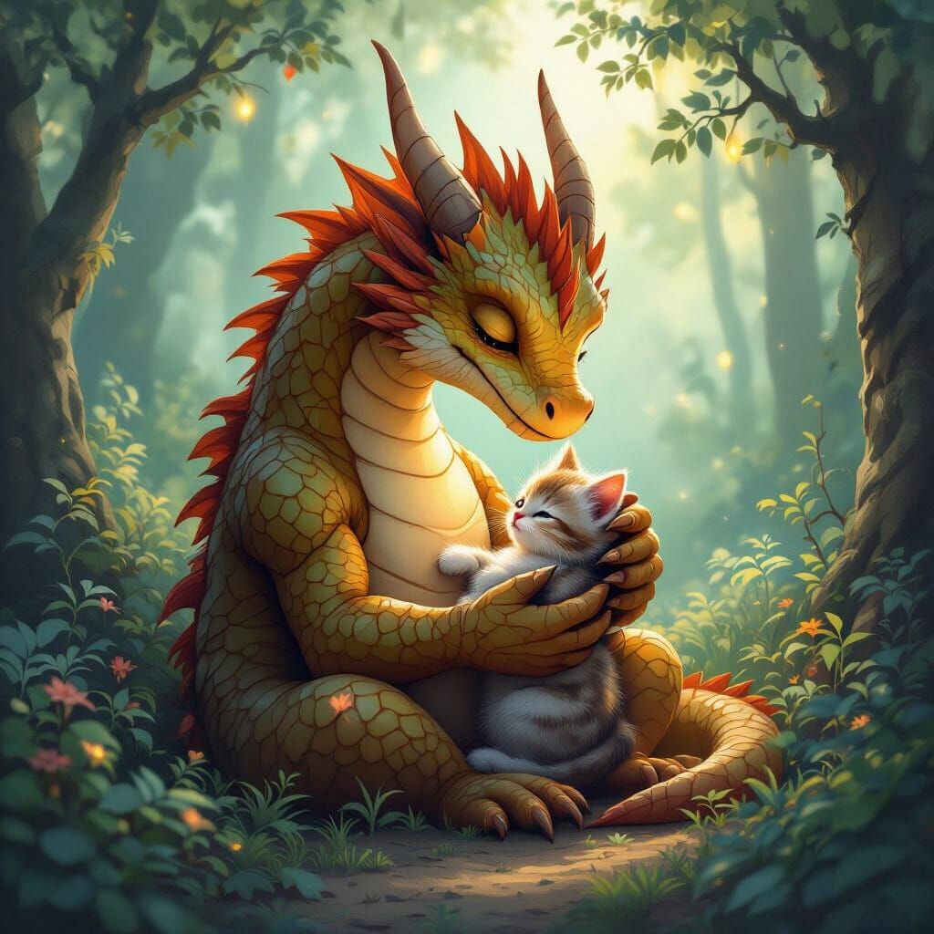 Dragon Cradling Kitten in Mystical Forest