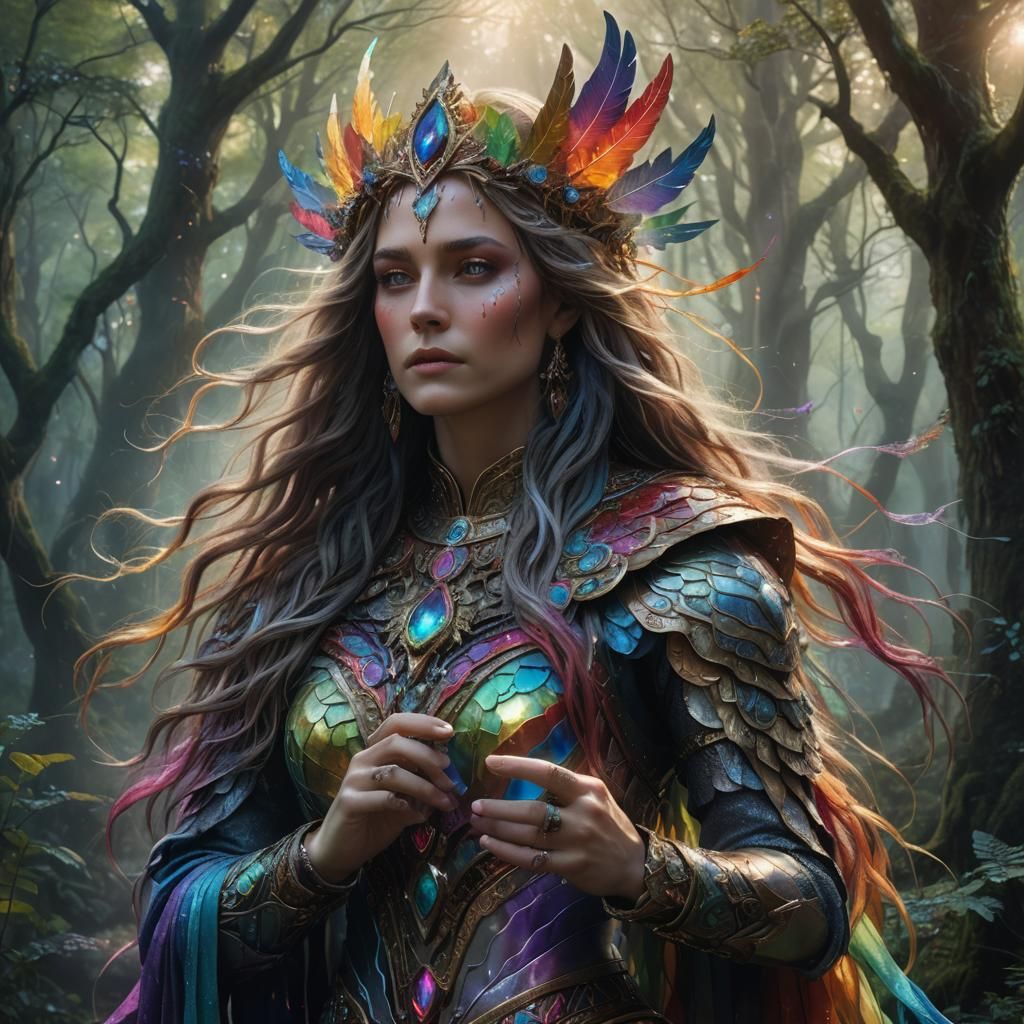Rainbow Goddess in Mystical Forest: Digital Matte Painting