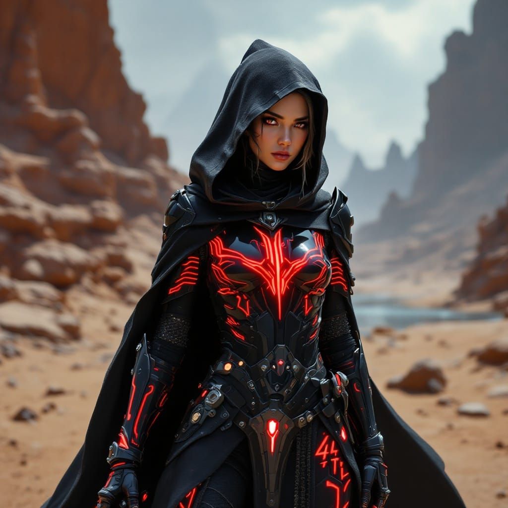 Sci-Fantasy Warrior in Desert World with Neon Sign