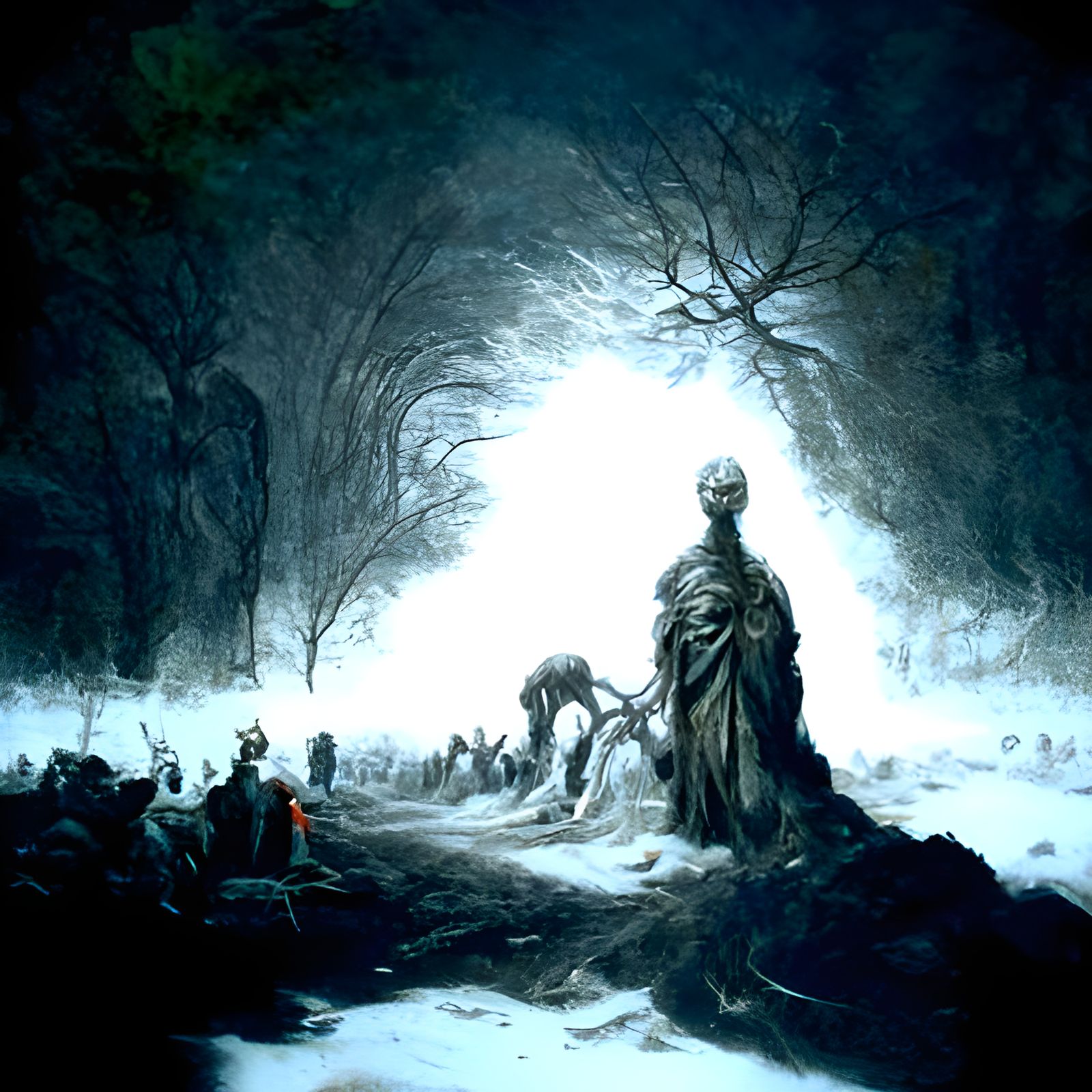 Golden Tree Illuminates Barren Graveyard Landscape