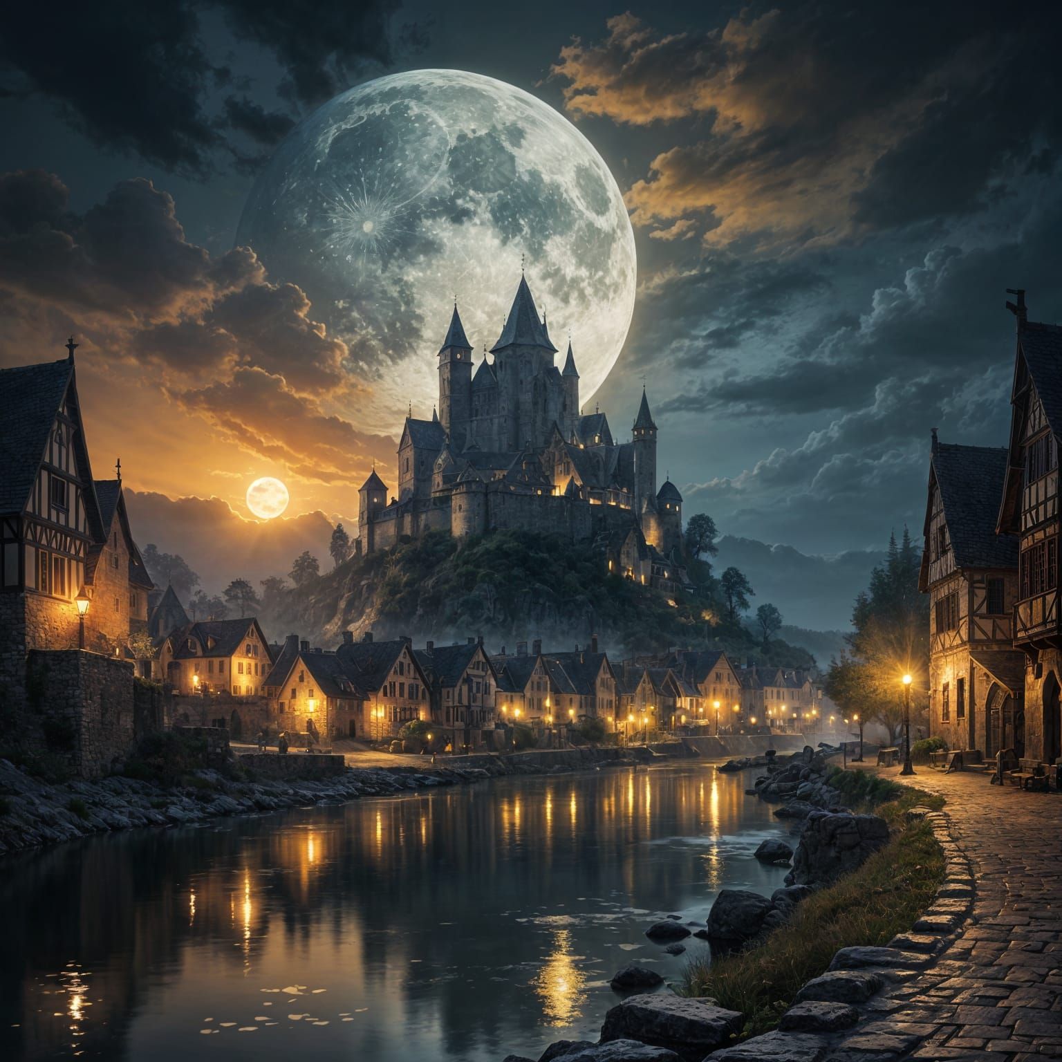 Moonlit Medieval Town by River: Painterly Style