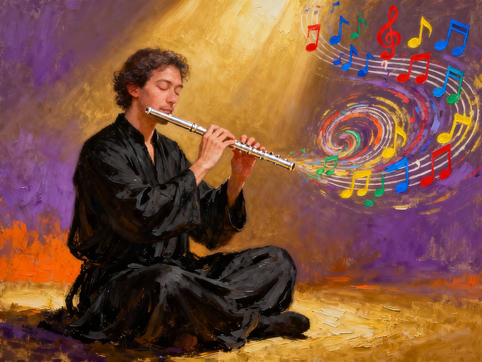 Impasto Painting of Flute Player with Swirling Musical Notes