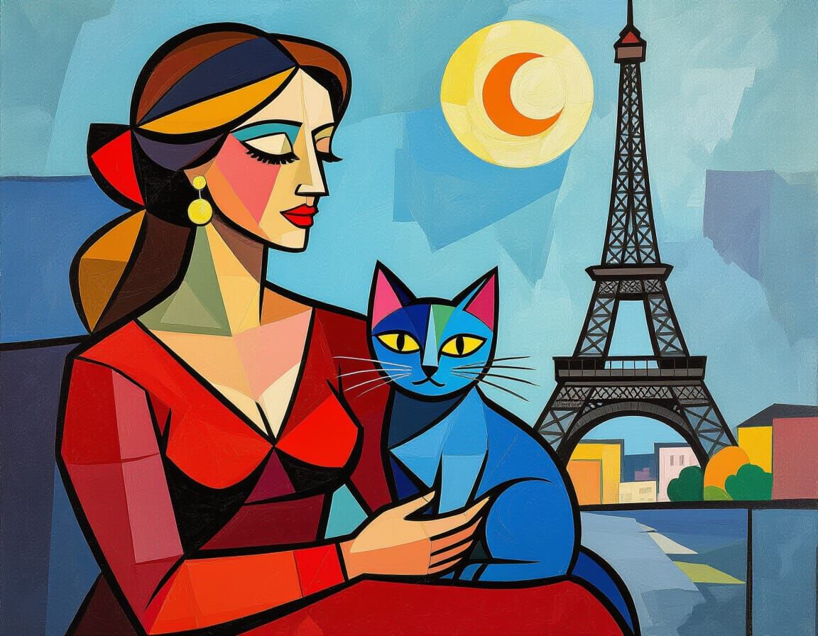 Cubist Painting of Woman in Red with Blue Cat by Eiffel Towe...