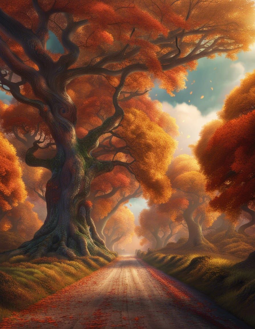 Magical Autumn Road in Forest: Digital Matte Painting