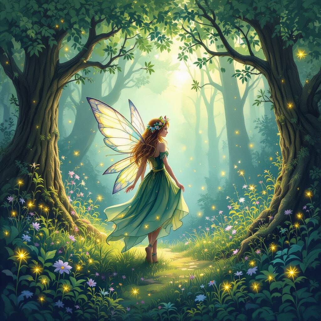 Whimsical Fairy in Lush Forest with Fireflies