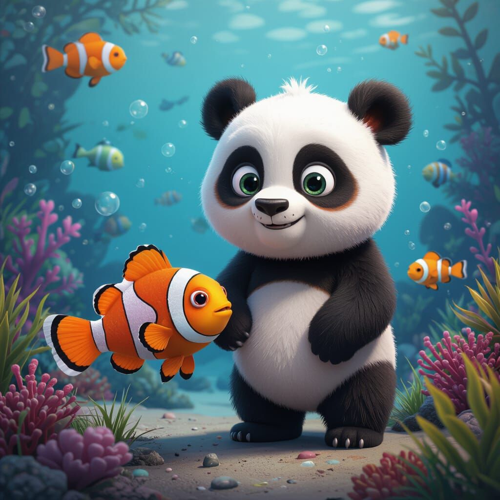 Cartoon Panda and Clownfish Fantasy Art