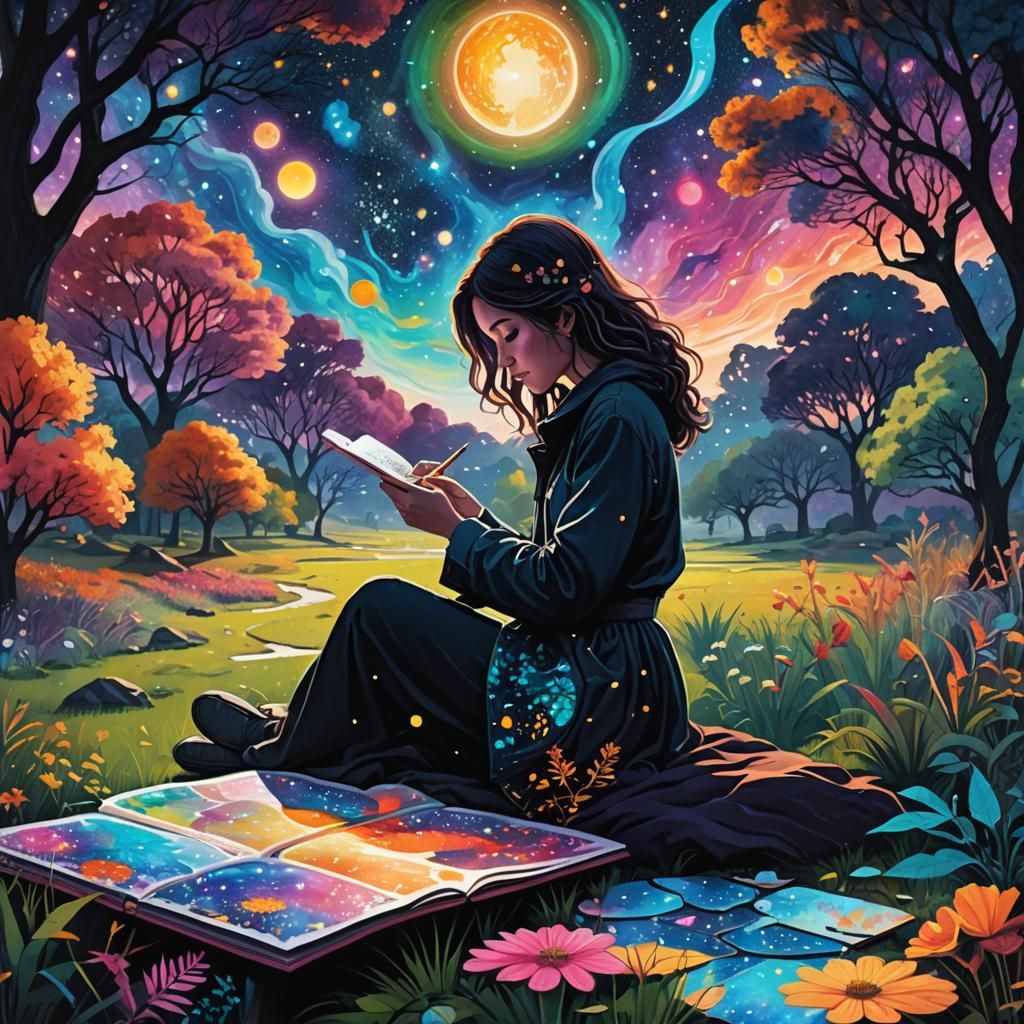 Park Scene with Artist in Cosmic Illustration