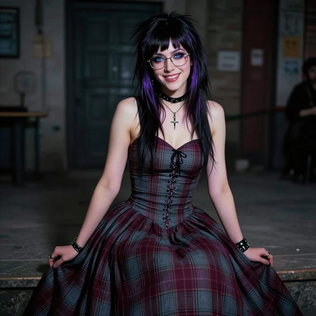 Punk Rock Woman in Plaid Ball Gown Posing