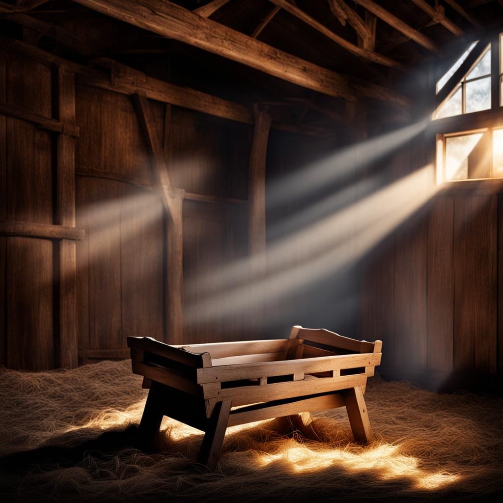 Empty Manger in Old Barn with Light Beam