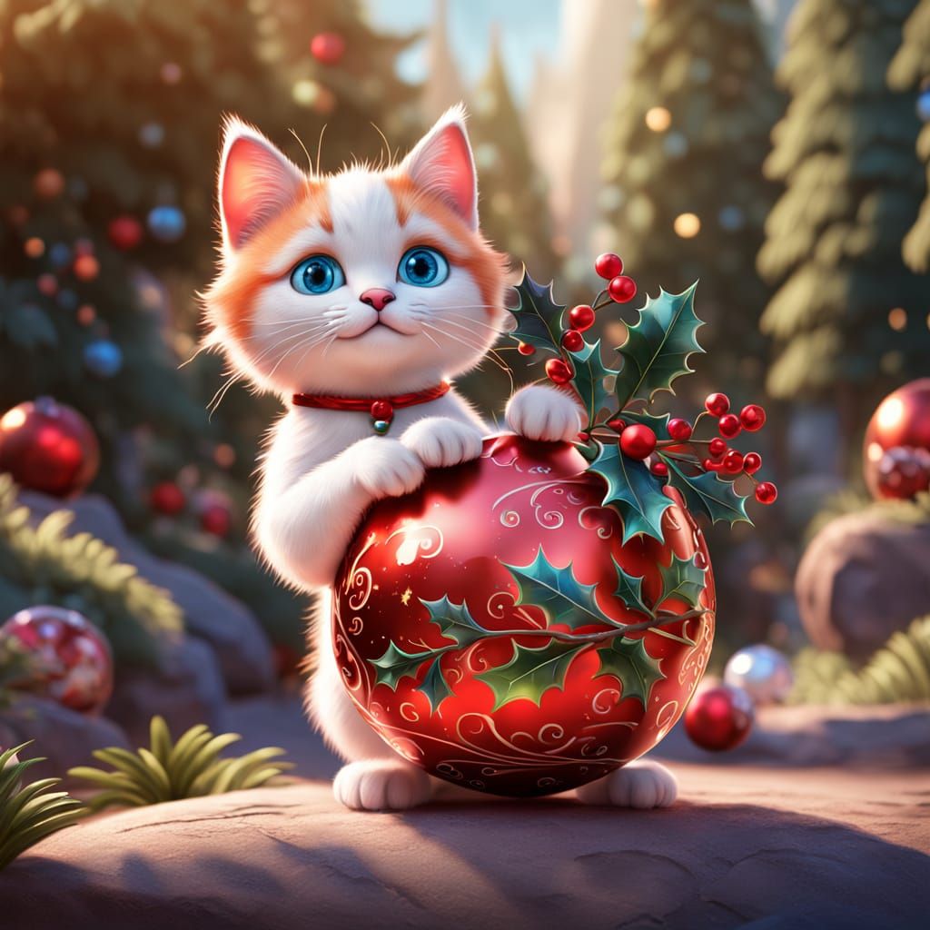 Cute Fluffy Kitten with Holly and Christmas Ball