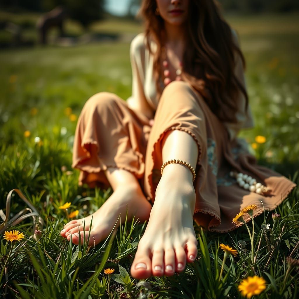Bohemian Woman in Sunny Meadow at Golden Hour