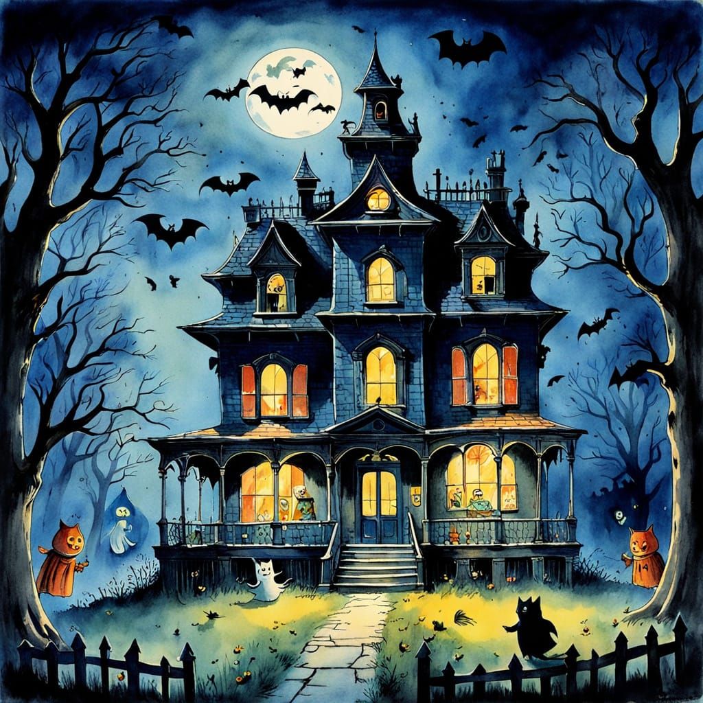 Charming Haunted House Illustration with Ghosts and Bats