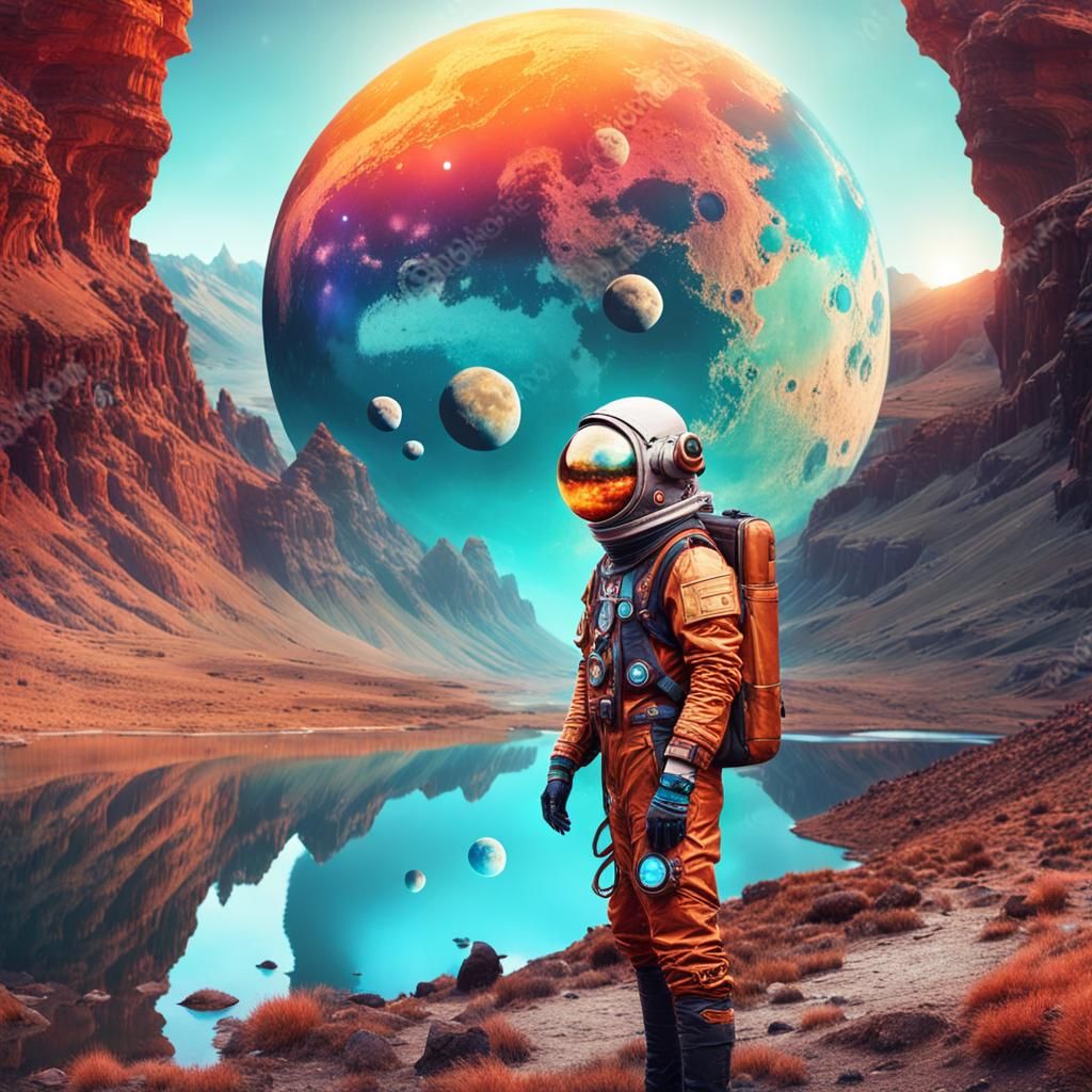 Steampunk Astronaut on Alien Planet Double Exposure