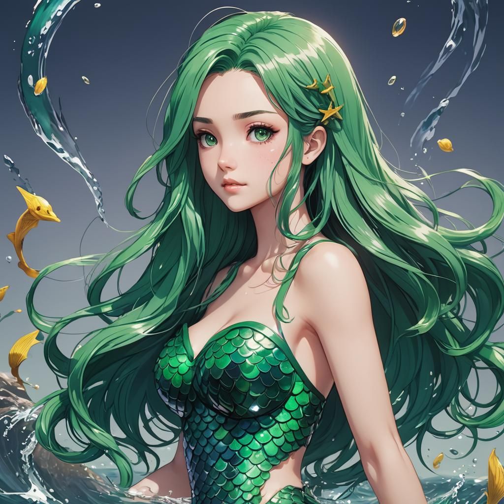 Anime Mermaid with Green Hair in Cel-Shaded Style
