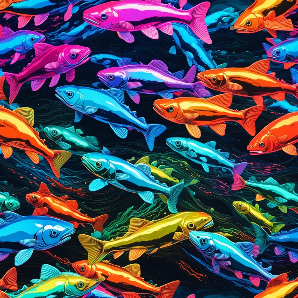 Neon Tetra Swarm in Fluid Metallic Pop-Art