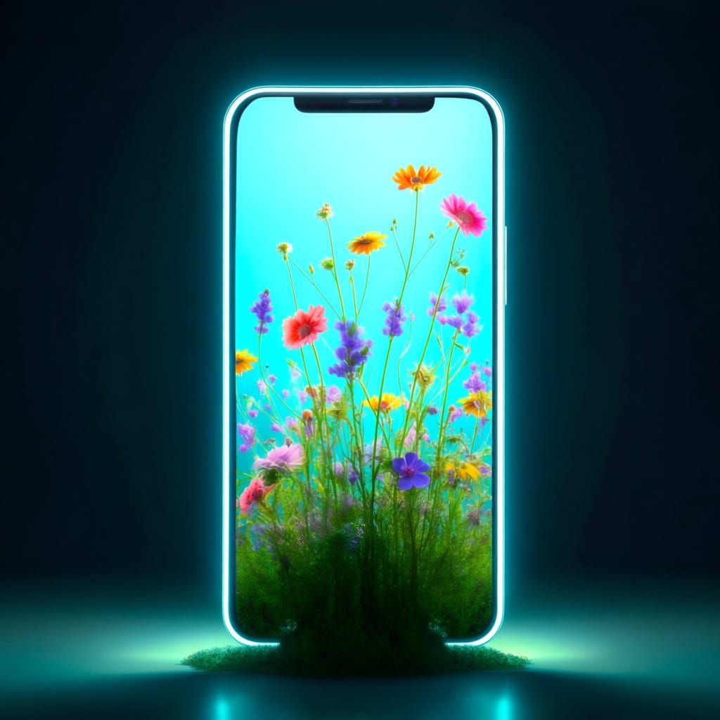 Glowing Smartphone Sprouts Wildflowers in Dreamlike Scene