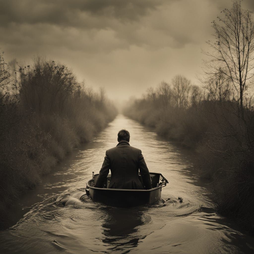 Vulnerable Figure in a Waterlogged Canal Scene, Shot in a Ci...