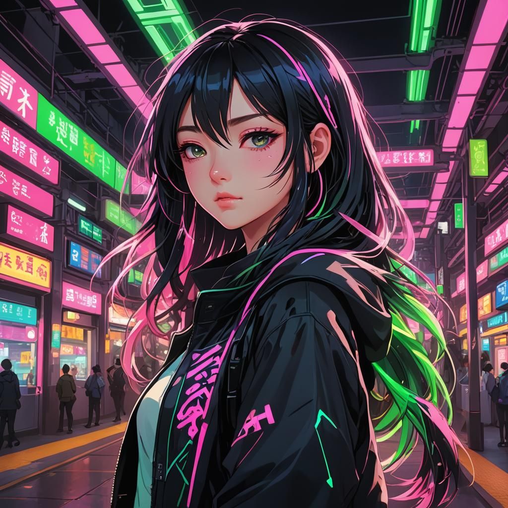 Anime Girl with Neon Accents in Manga Style