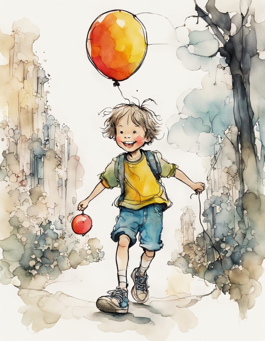 Child's Whimsical Cartoon with Oversized Trainers and Shinin...