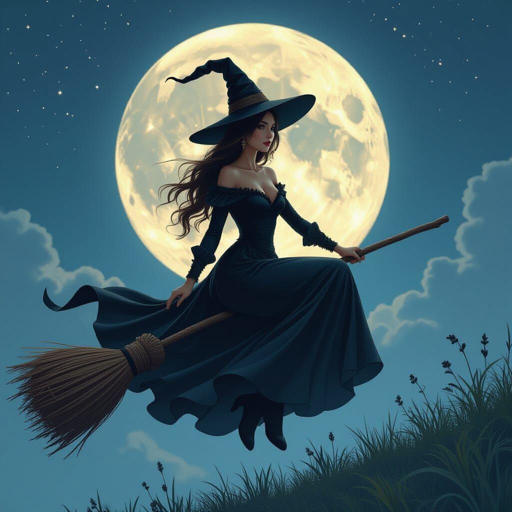 Mystical Witch Soaring Under Full Moon