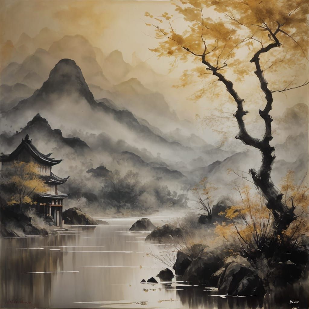 Dreamy Foggy Morning Landscape in Wet Watercolour Style