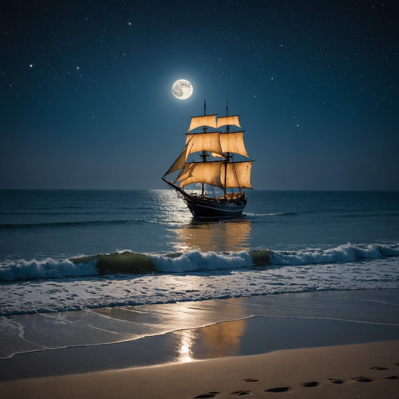 Moonlit Ocean with Sailing Ship at Night