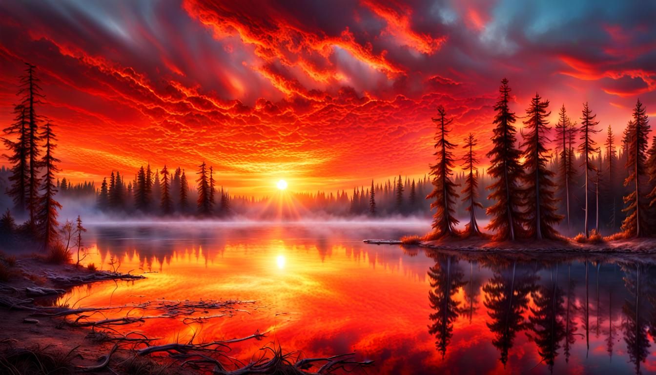 Fiery Sunrise Over Steamy Lake in Digital Art Style