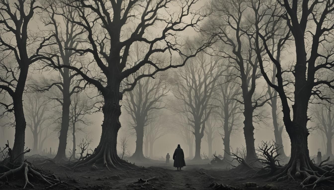 Ethereal Trees Emerge from Fog: Dark Fantasy Art