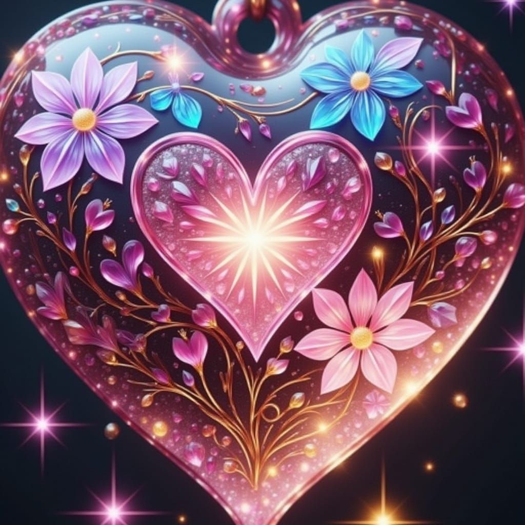 Glowing Glass Heart Ornament with Golden Filigree