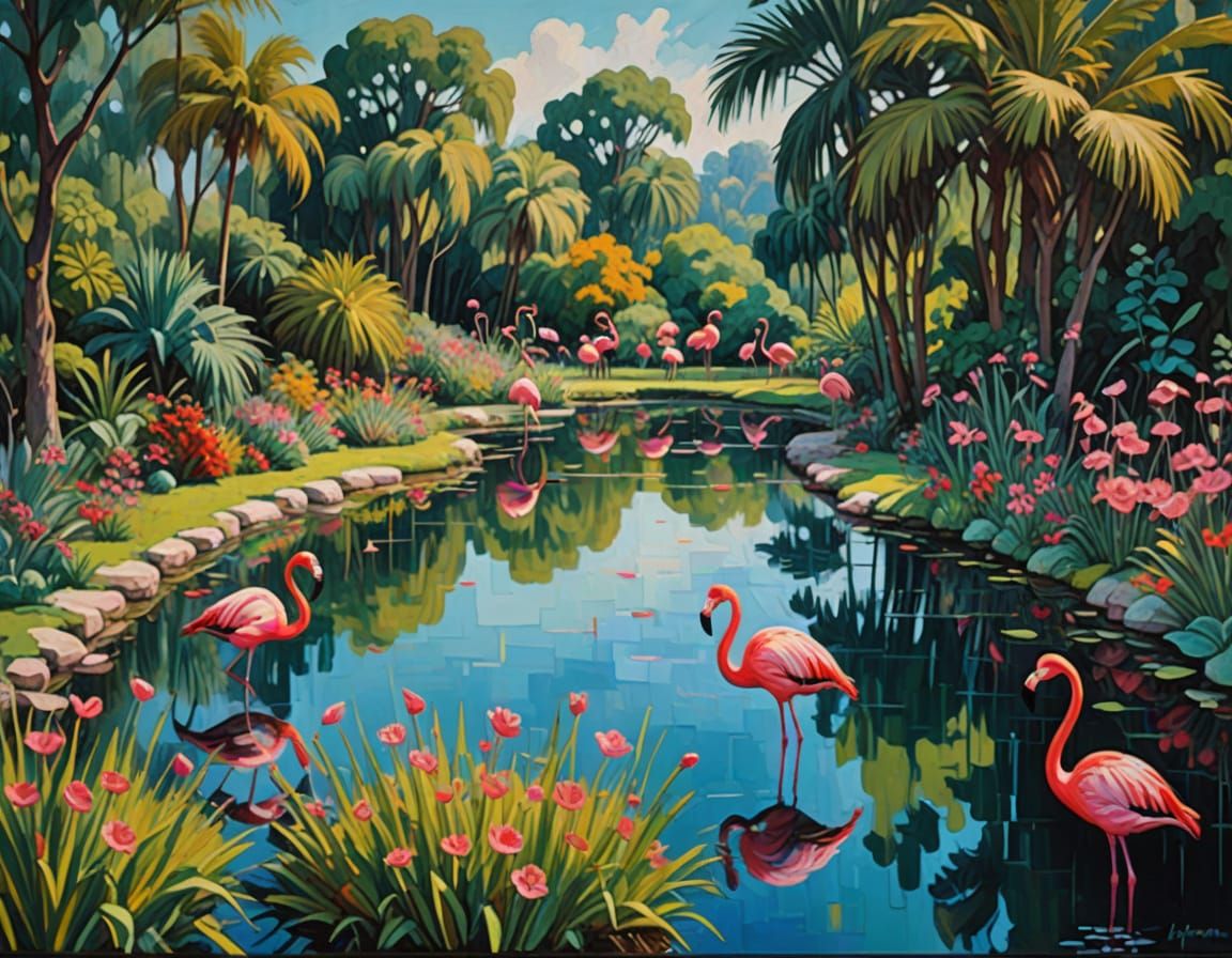 Expressionist Pool Paradise Garden with Flamingos
