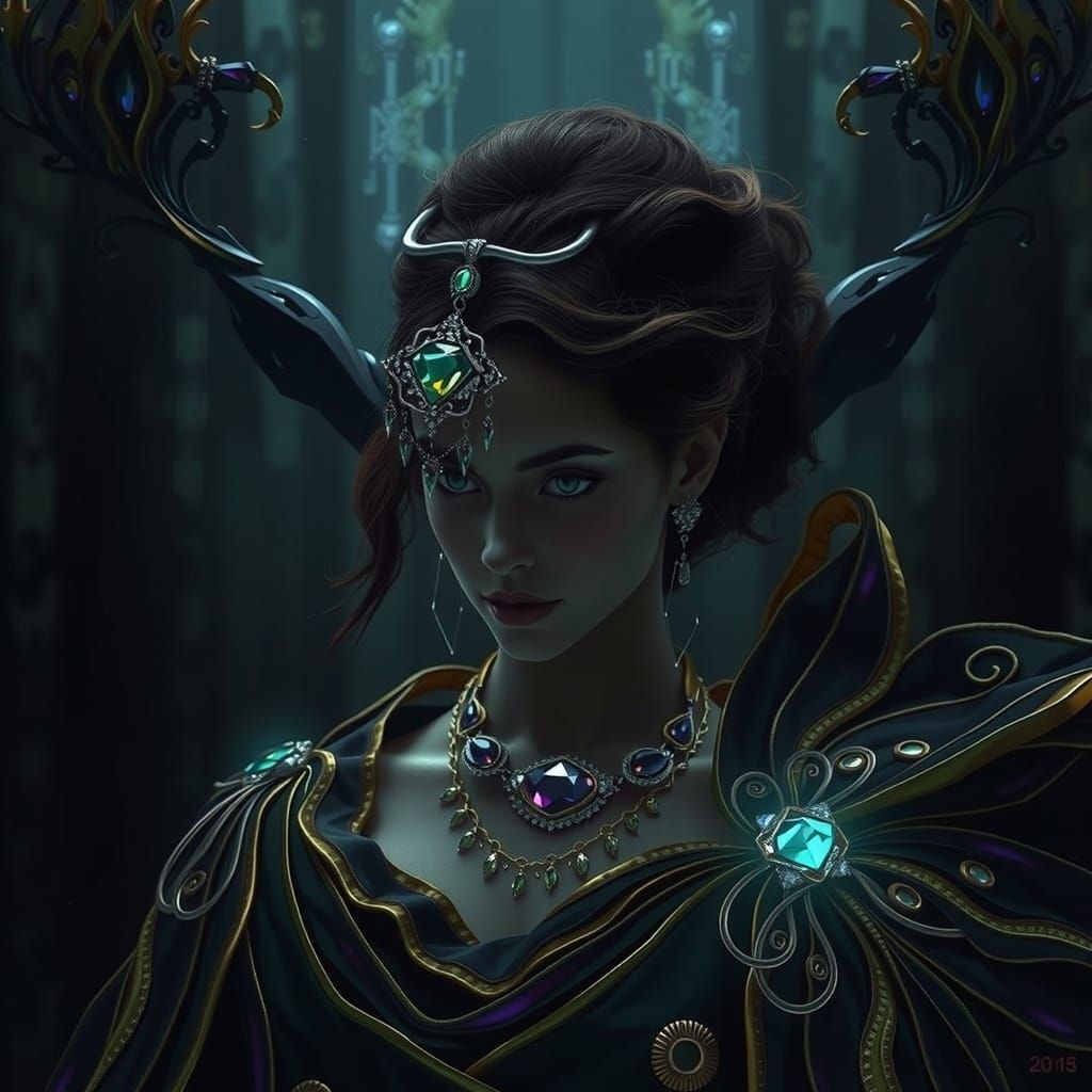 Iridescent Gown: Hyperrealistic Portrait with Emerald Eyes