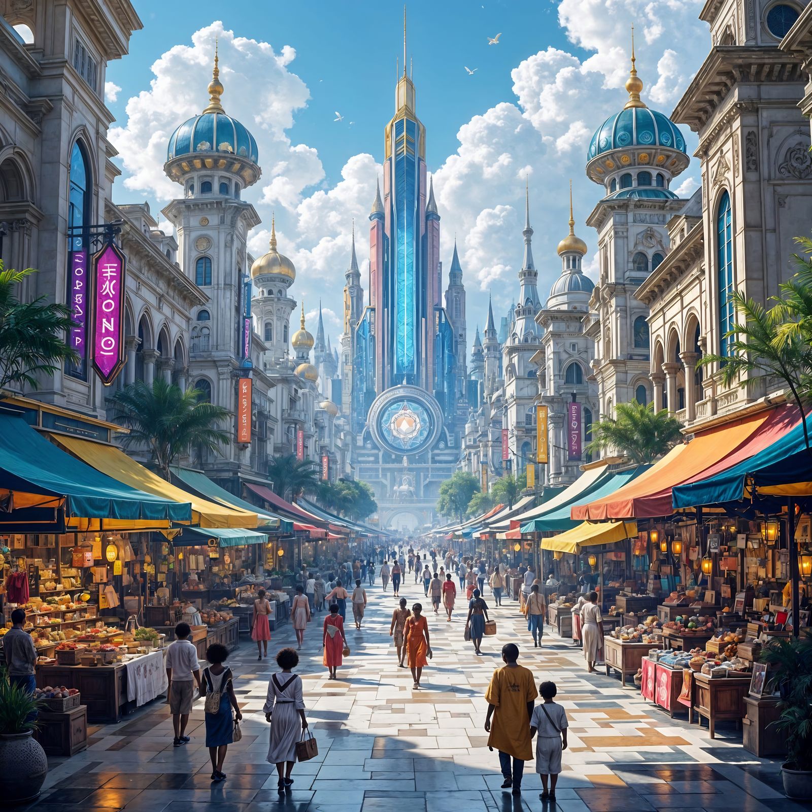 Afro-French Futuristic City Plaza in Concept Art Style