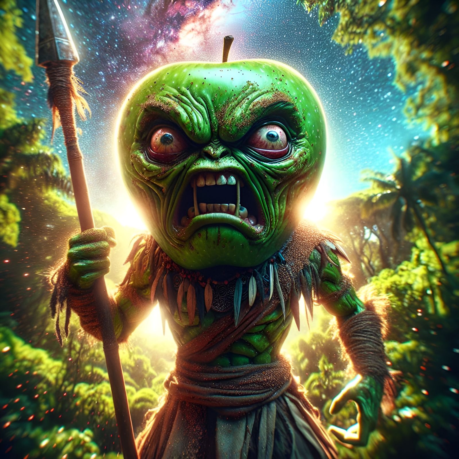 Anthropomorphic Apple Warrior in Jungle, Hyper-Realistic Pho...