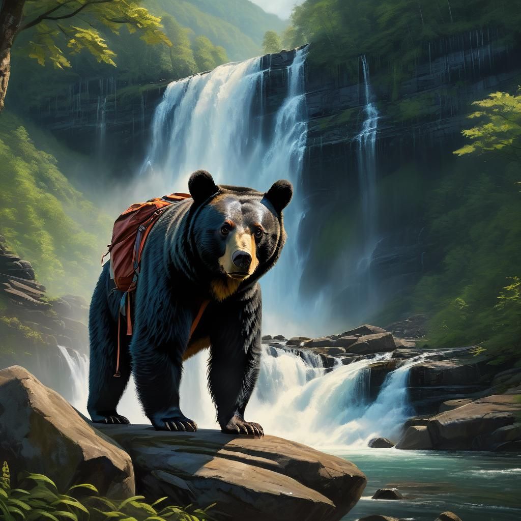 Black Bear Hiker at Smoky Mountain Waterfall