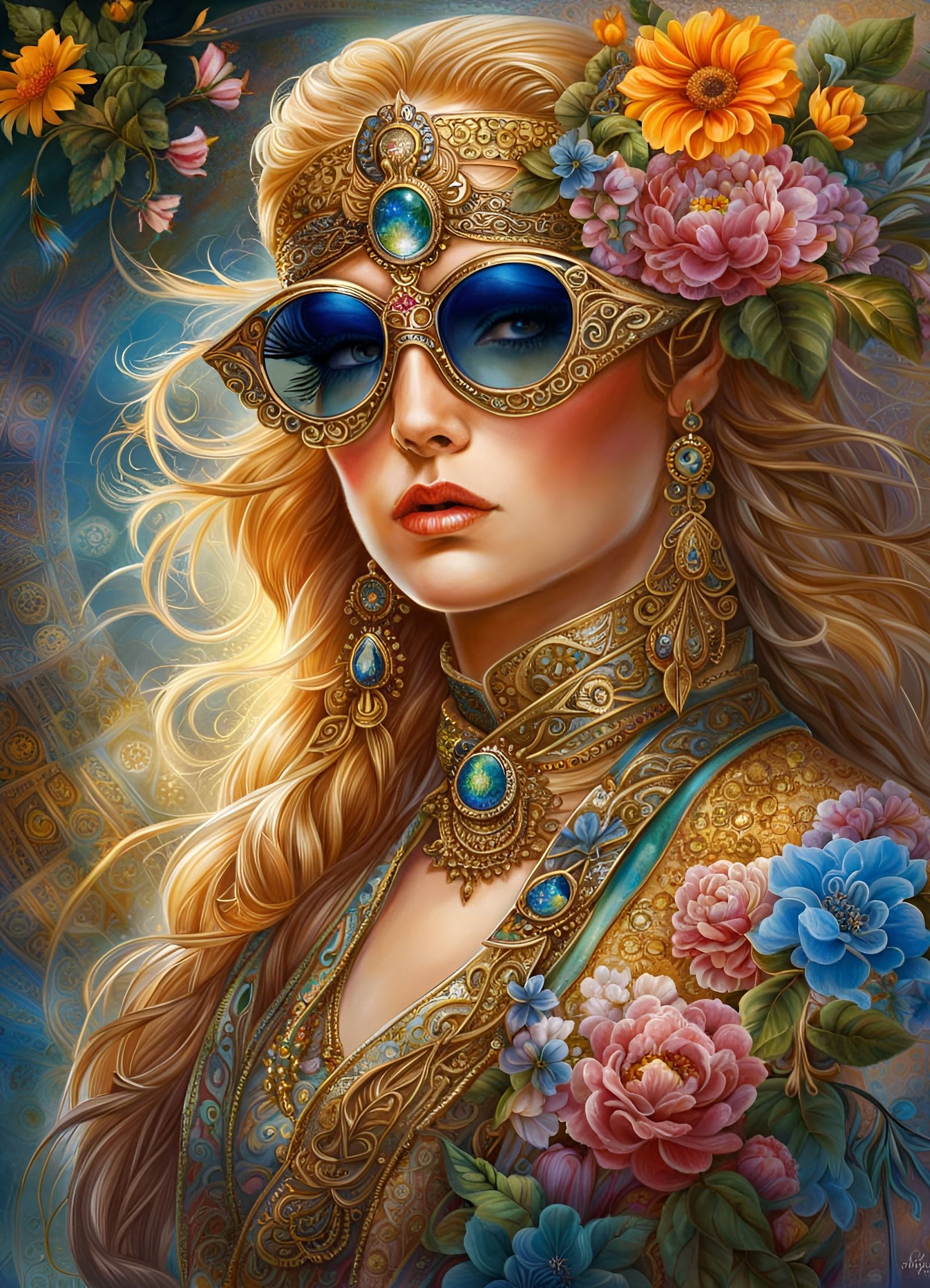 Goddess with Flower Sunglasses in Hyperdetailed Photorealism