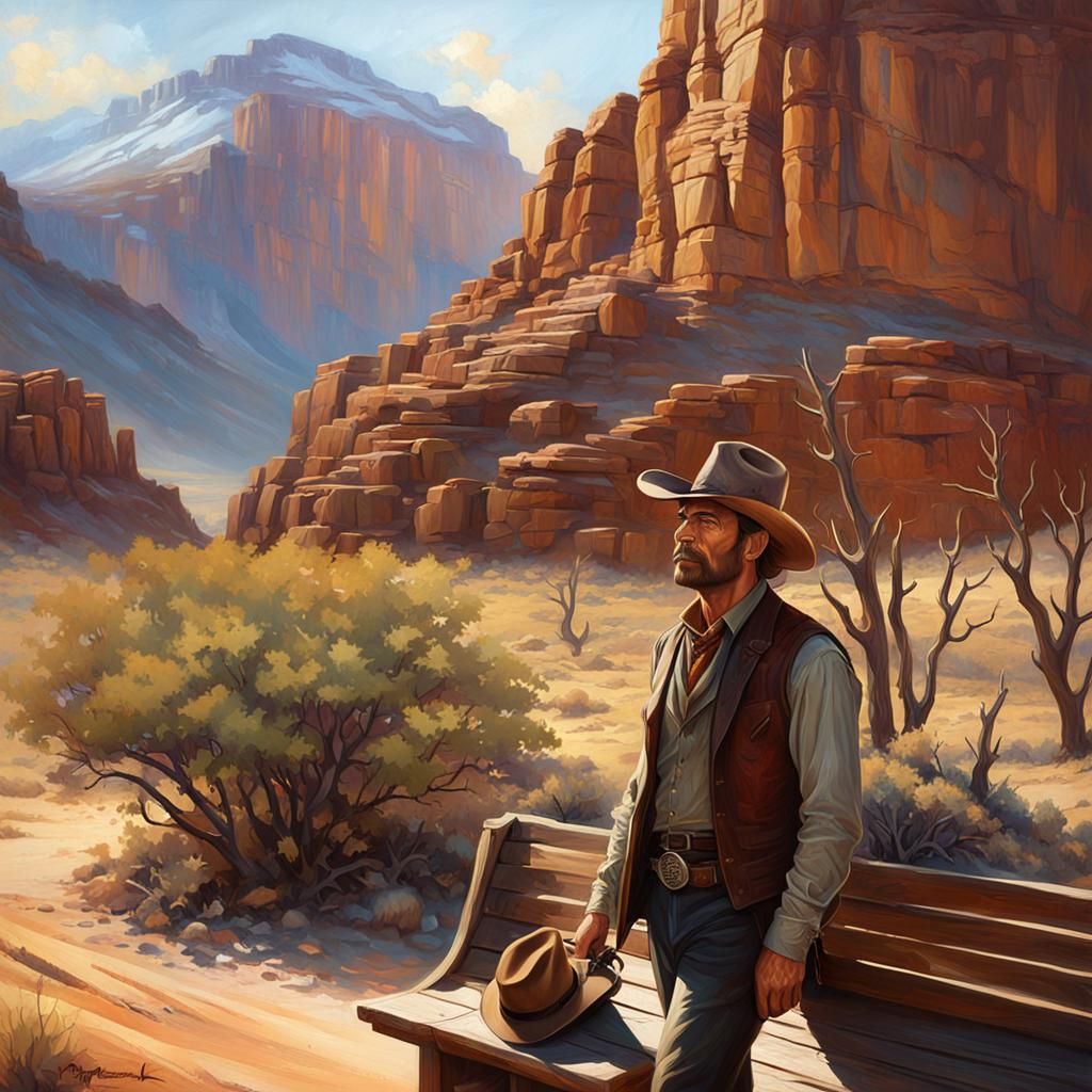 Detailed Cowboy Portrait in Western Sunset Hues