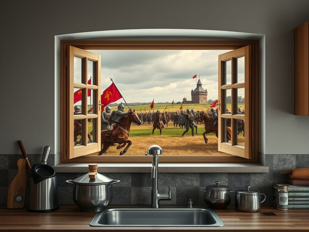 Medieval Battle Scene Through a Modern Kitchen Window