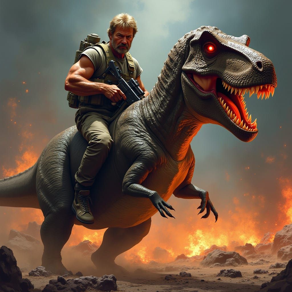 Chuck Norris Rides Fire-Breathing T-Rex into Battle