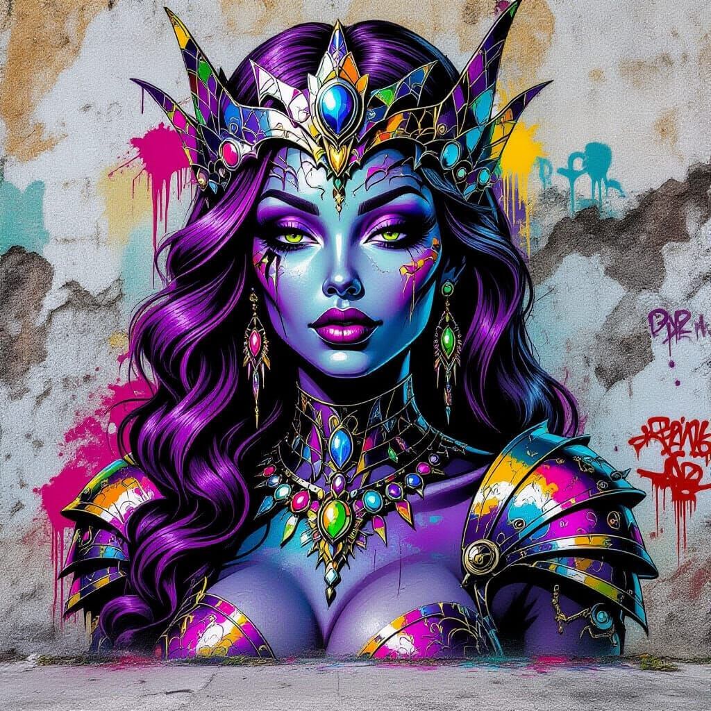 Voluptuous Alien Queen Graffiti Mural in Street Art Style