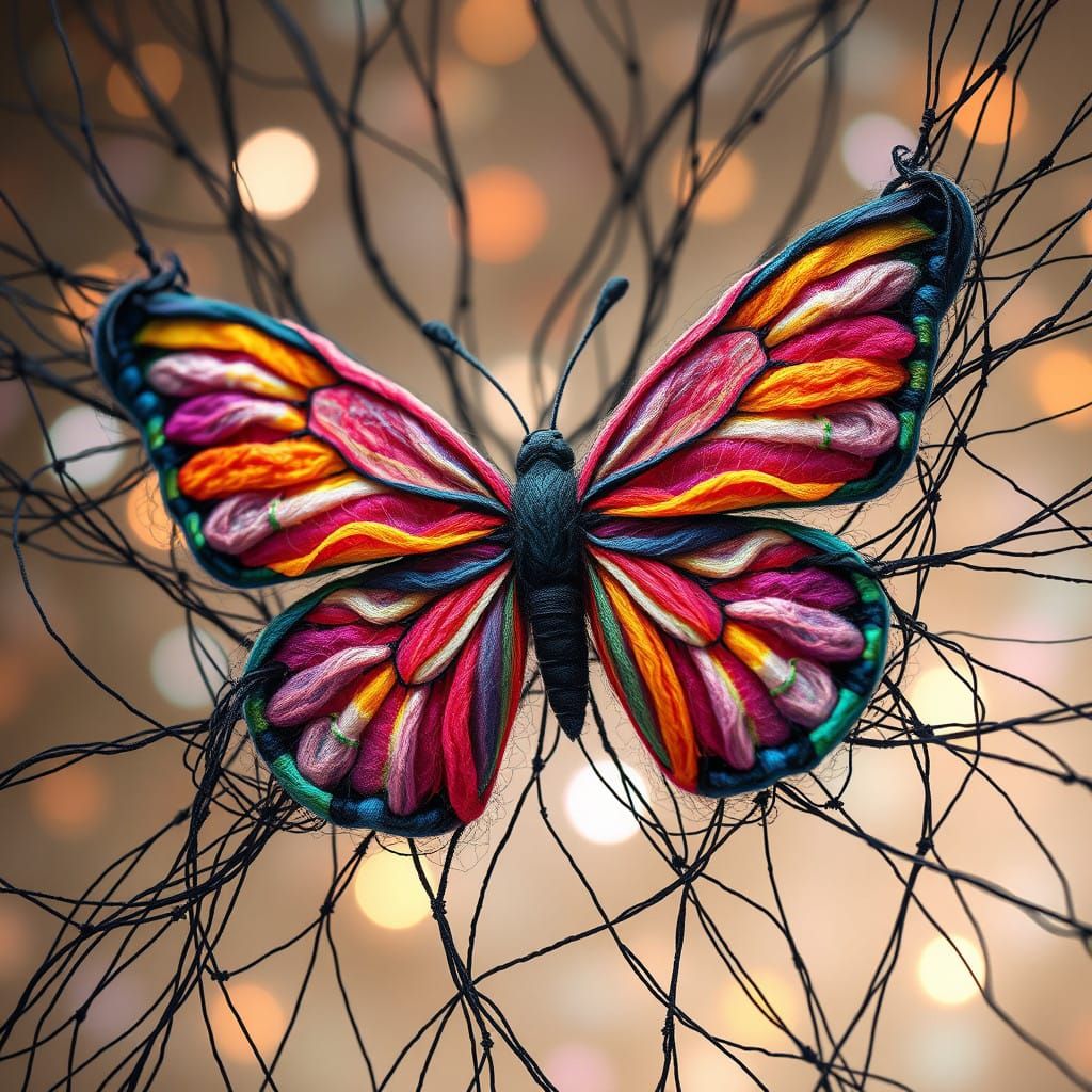 Unraveling colorful felted wool art of a vibrant symmetrical...