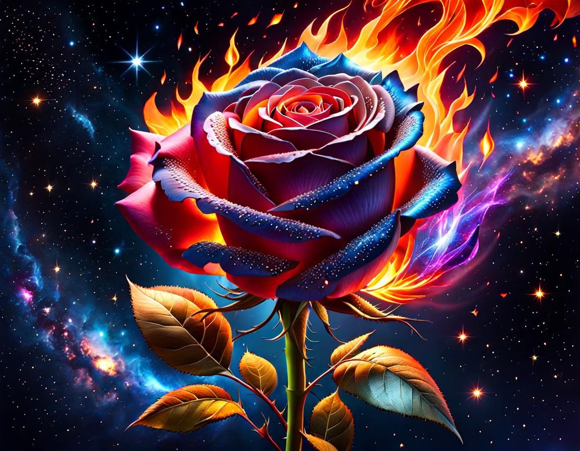 Fiery Rose Against Milky Way Galaxy Background