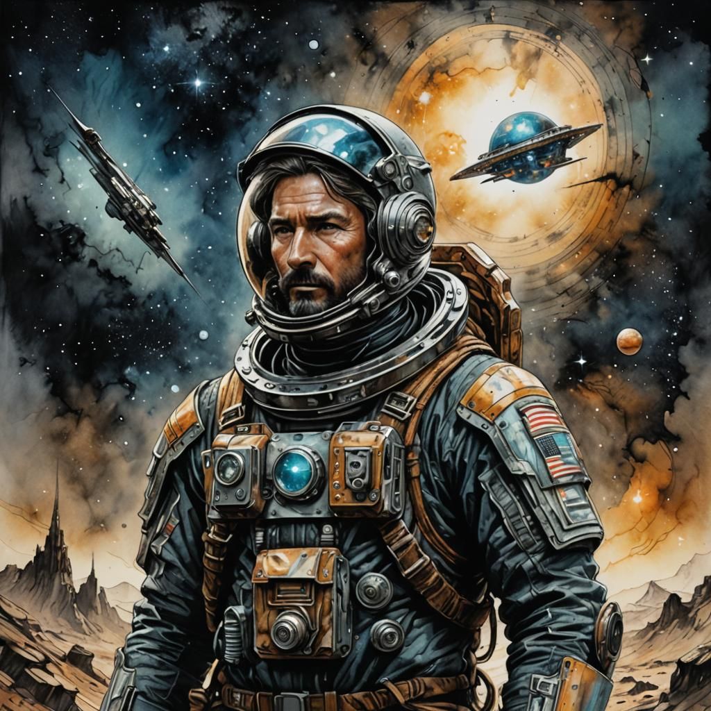 Space Prospector Portrait in Mixed Media Style
