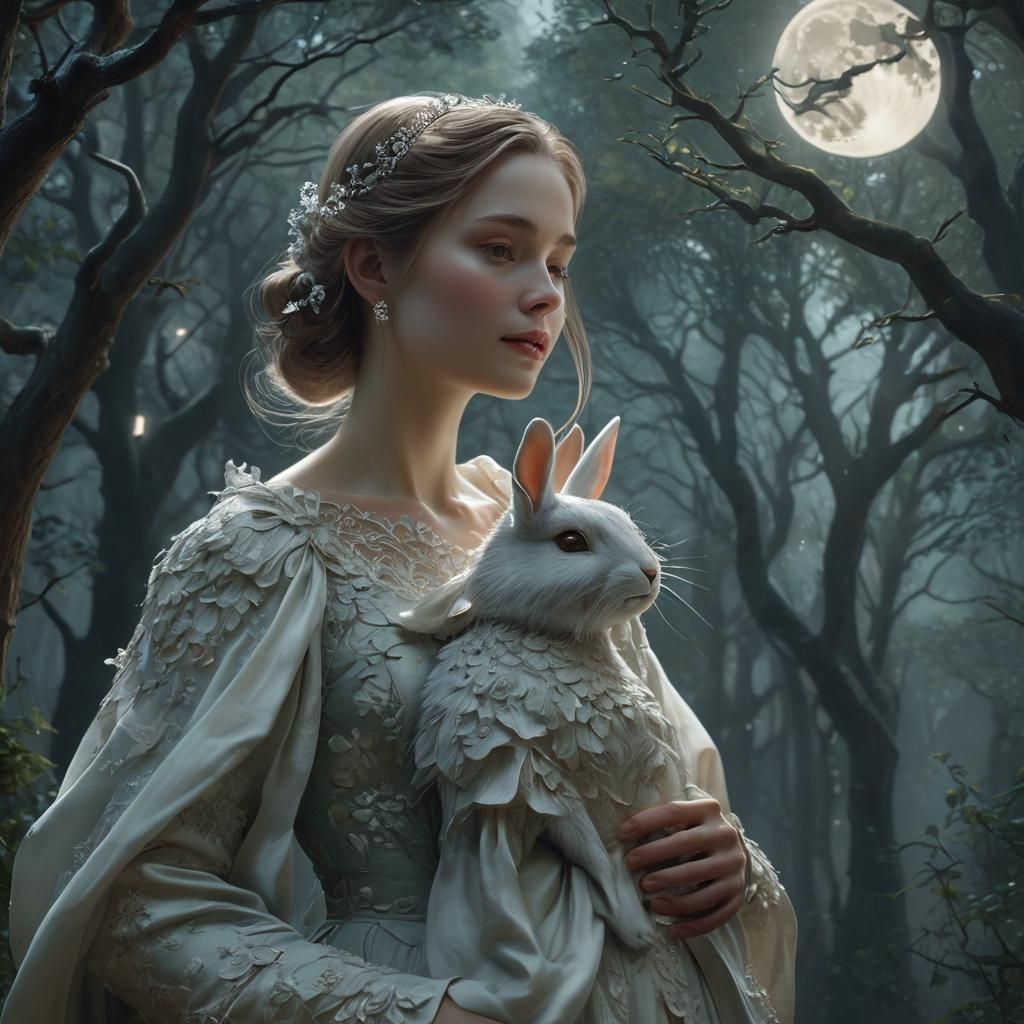 Ethereal Forest Lady and Rabbit in Moonlight
