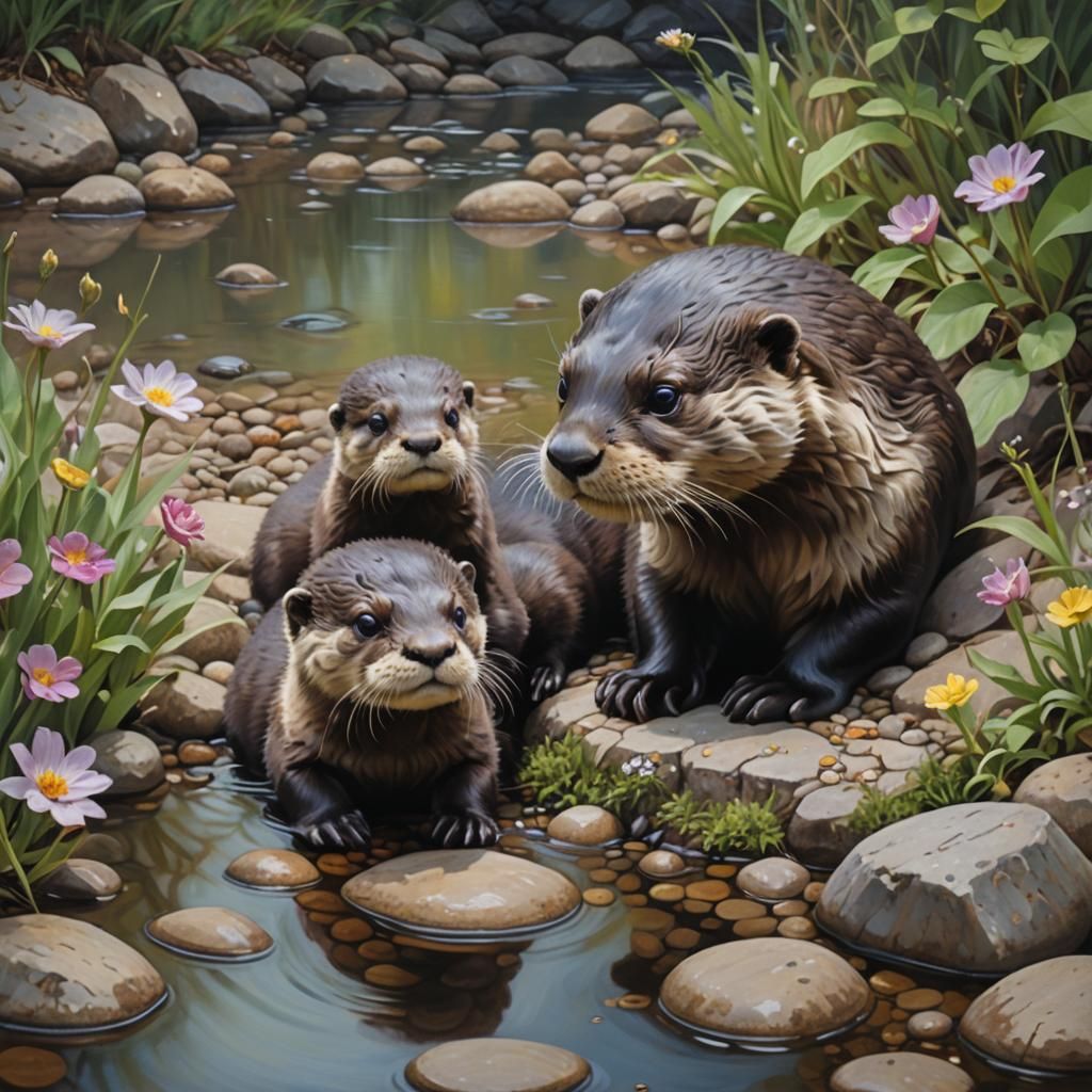 Otter Family in Forest River: Oil Painting