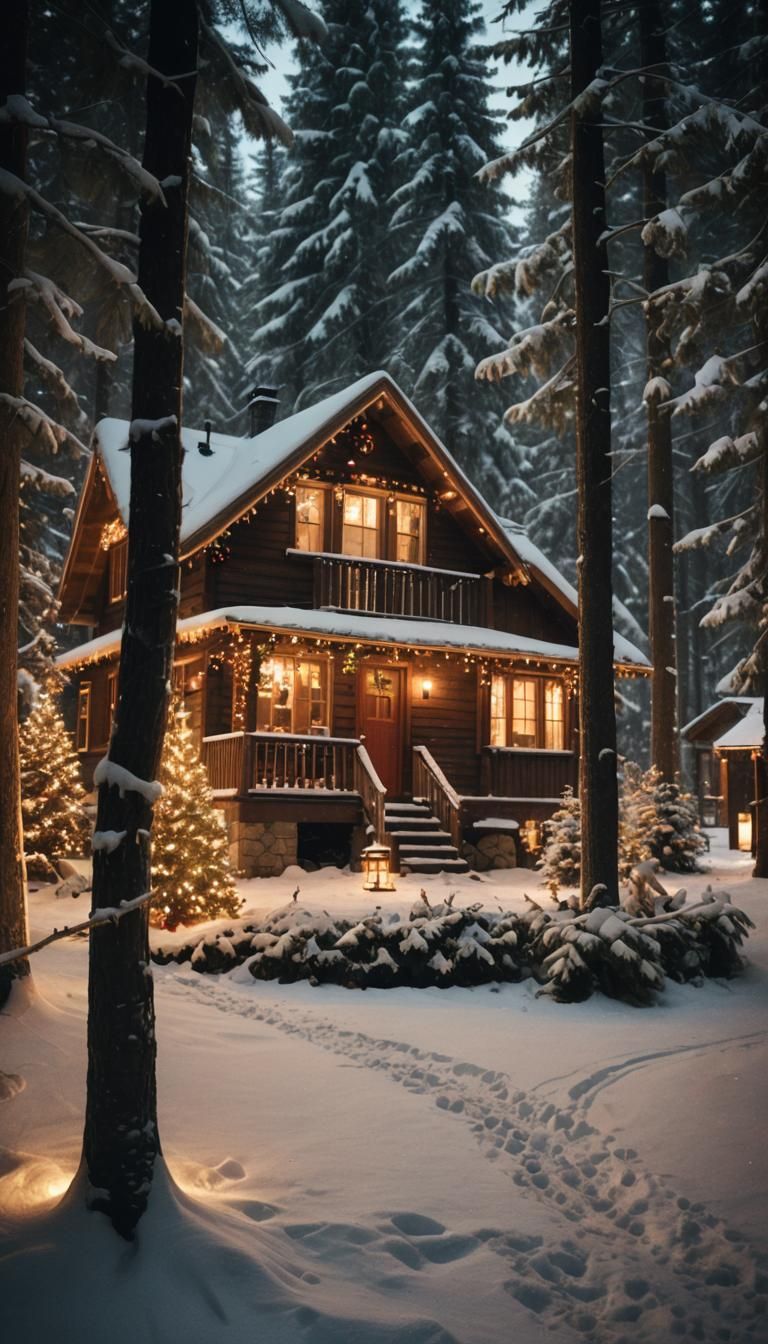 Cozy Christmas Cabin in Snowy Woods at Night