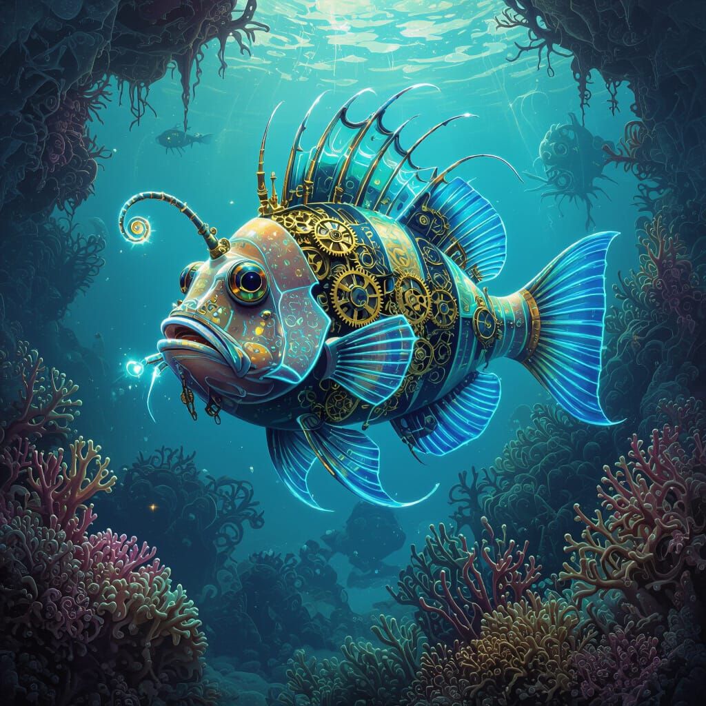 Bioluminescent Anglerfish in Steampunk Surreal Dreamscape