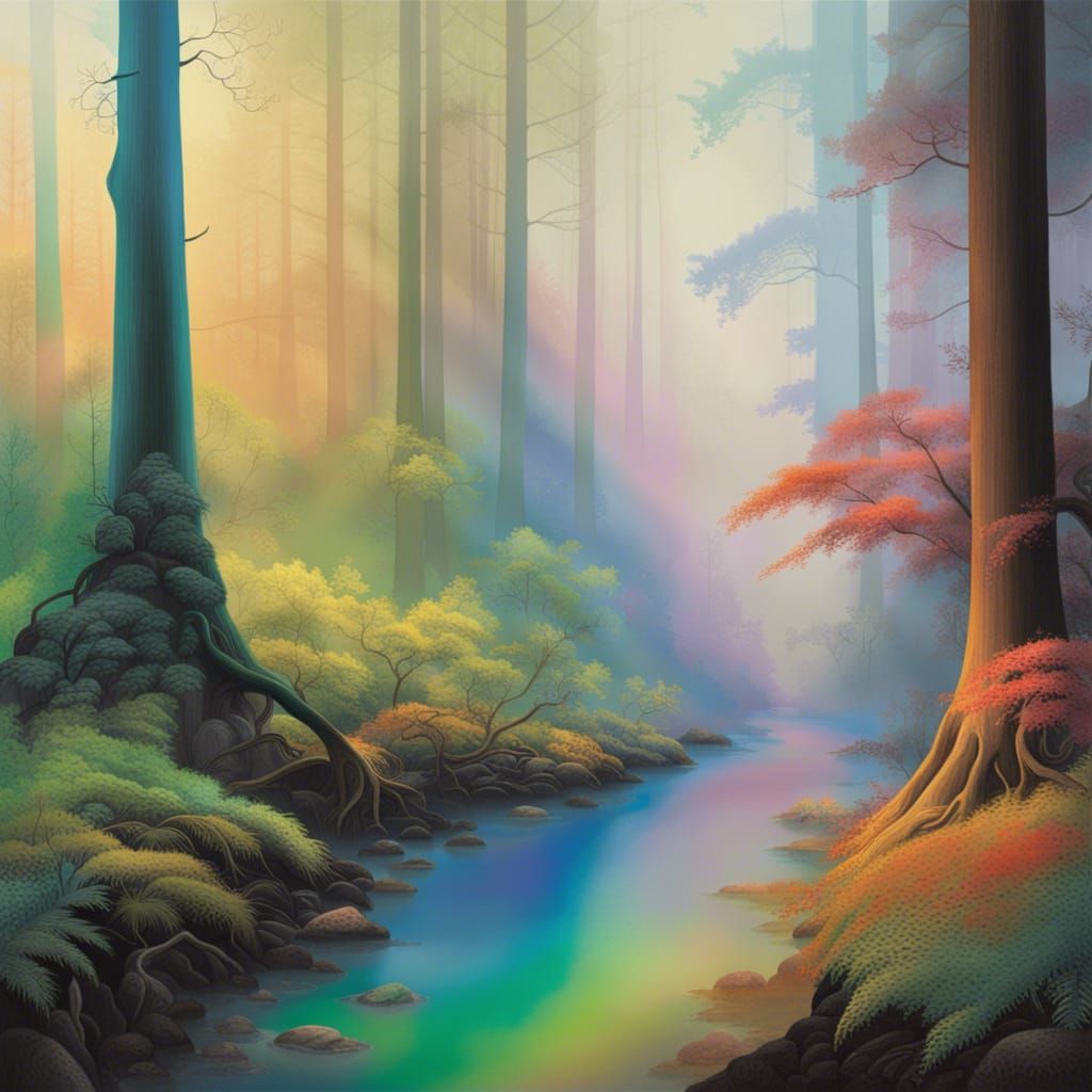 Rainbow Forest Landscape Art in Roger Dean Style